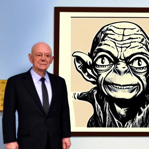 Image similar to president gollum standing in front of a poster with an image of the one ring