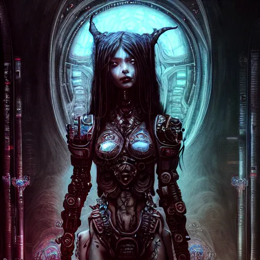 Image similar to a highly detailed long shot photo of chthonic cyberpunk! warcraft female character by ayami kojima, beksinski, giger, intricate, digital painting, artstation, intricate, concept art, smooth, sharp focus, illustration