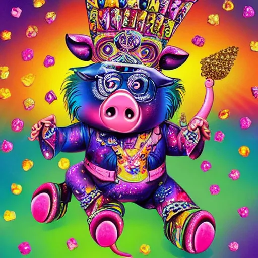 Image similar to lisa frank action pose pig wearing a gold crown throwing pop corn painting by android jones