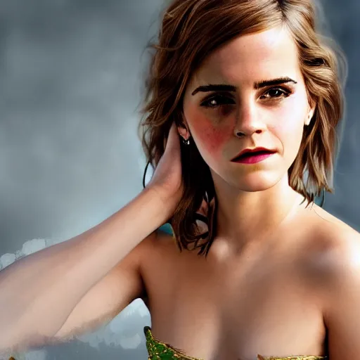 Prompt: Emma Watson in a nymph costume striking a pose, naturist, portrait photography oil on canvas, intricate, portrait, 8k highly professionally detailed, HDR, CGsociety