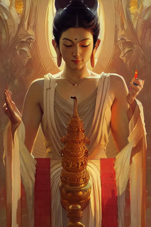 Image similar to temple, buddhism, painting by greg rutkowski, j. c. leyendecker, artgerm