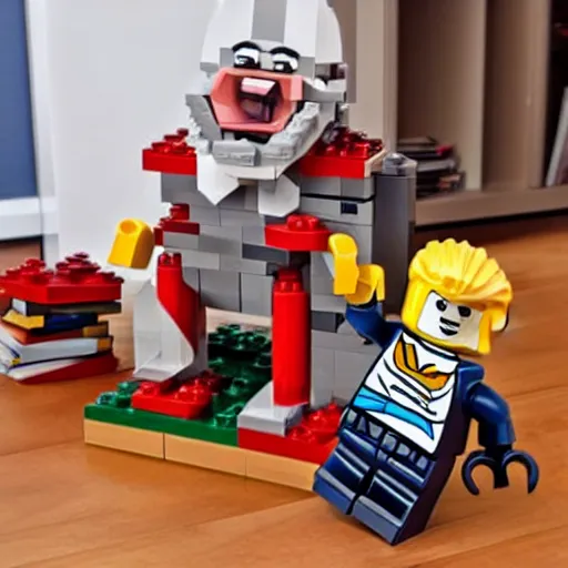 Prompt: lego set of a monkey going crazy on a old man and ripping his legs off