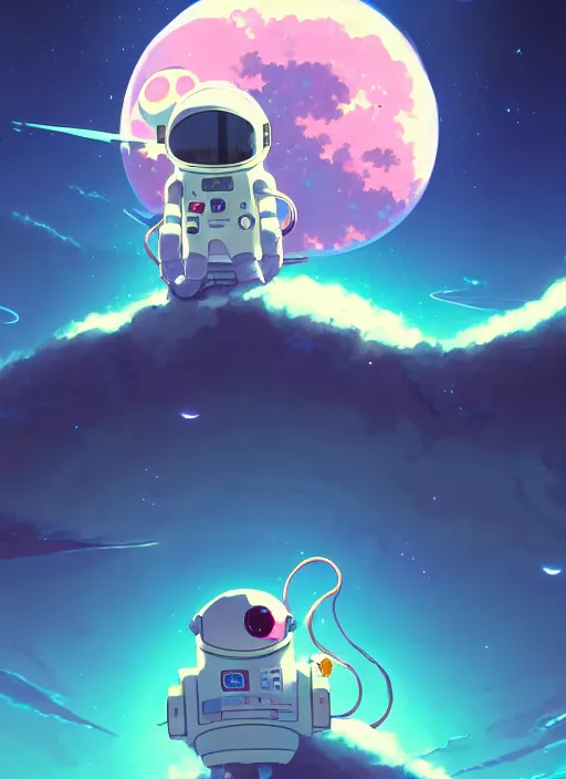 Prompt: portrait of cute kawaii astronaut android riding a neonpunk kaiju dragon, nebulous background of dynamic space, a dramatic composition by wlop and greg rutkowski and makoto shinkai and studio ghibli and kyoto animation cute bubbly clothing