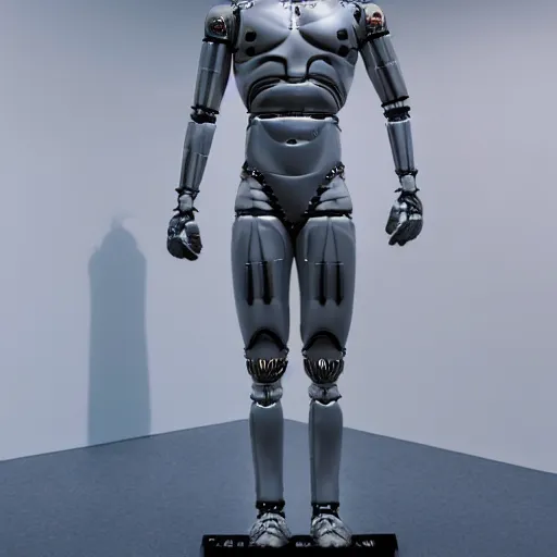 Image similar to a realistic detailed photo of a guy who is an attractive humanoid who is half robot and half humanoid, who is a male android, wrestler bo nickal, shiny skin, posing like a statue, blank stare, by the pool, on display, showing off his muscles, humanoid robot, frozen ice statue