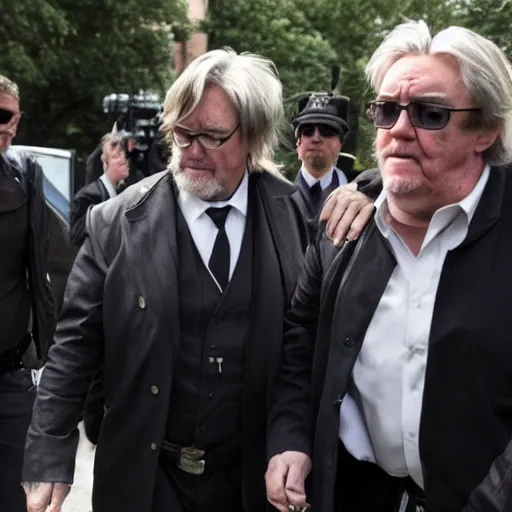 Image similar to the boondock saints approaching steve bannon outside of court