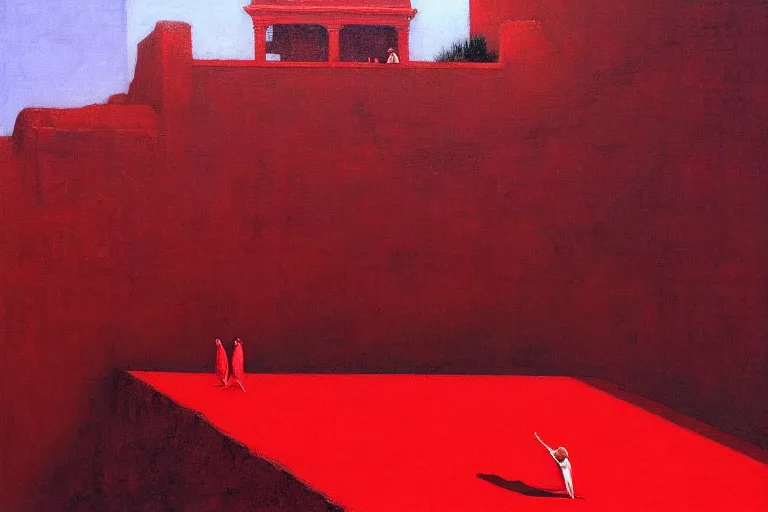 Image similar to only with red, a red great emperor, taormina amphitheatre, crowd with big smile, in the style of beksinski, parts by edward hopper, parts by rodcenko, parts by yue minjun, intricate and epic composition, red by caravaggio, insanely quality, highly detailed, masterpiece, red light, artstation, 4 k