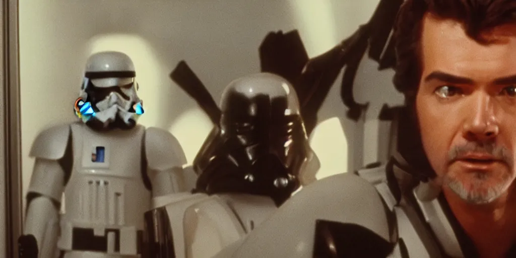 Image similar to a still from a film of a dark figure standing in front of a large window with a live action Star Wars space battle, 35mm, directed by George Lucas, miniatures, ILM