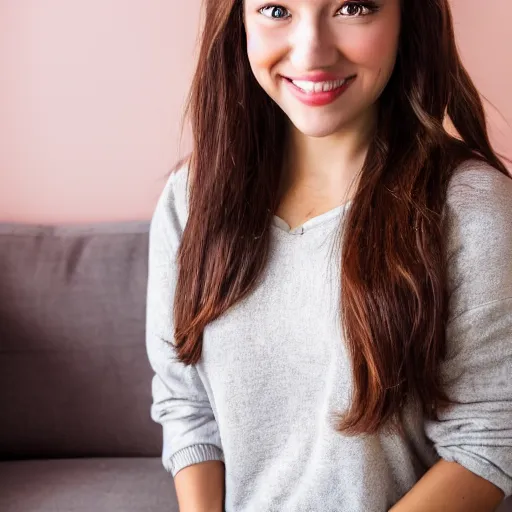 Image similar to Photograph of April, a cute young woman, long shiny bronze brown hair, full round face, green eyes, medium skin tone, light cute freckles, light blush, smiling softly, wearing casual clothing, interior lighting, cozy living room background, medium shot, mid-shot, hyperdetailed, hyperreal,