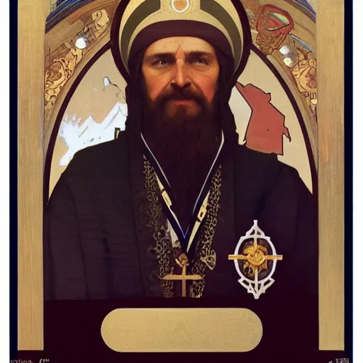 Image similar to painting of russian orthodox astronaut priest with gold visor by alphonse mucha, greg rutkowski, and bekzinski