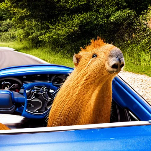 Prompt: A capybara driving a blue convertible sports car at high speeds, photorealistic, 8k