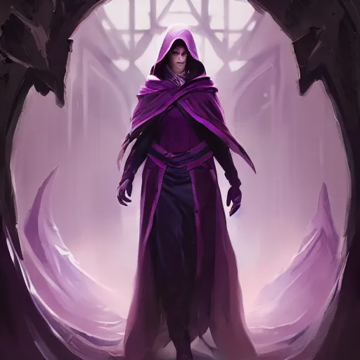 Prompt: full body, female warlock long hood cloak purple and a beautiful face, fighting monster with magic, 8 k, trending on artstation by tooth wu and greg rutkowski