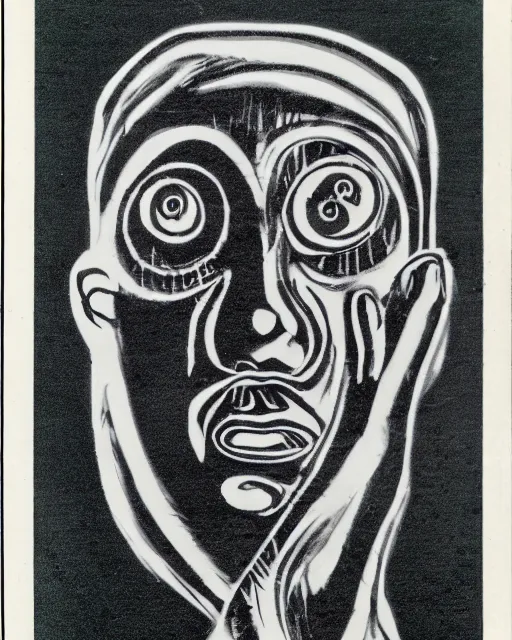 Prompt: 1 9 7 0 s vhs still of a homunculus, portrait, intricate face, 2 8 mm film