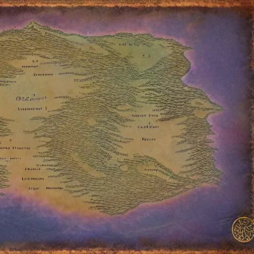Prompt: fantasy map of an undiscovered continent, azeroth, roshar, hawaiian islands