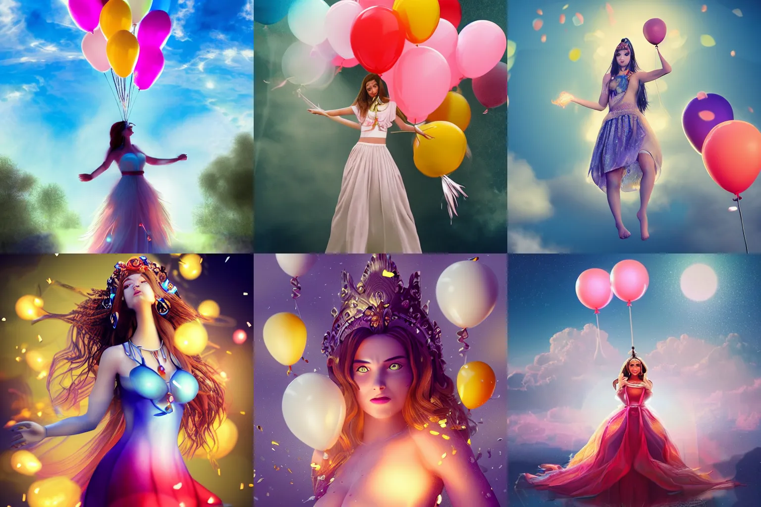 Prompt: a beautiful female goddess of the balloons character, character is in all its glory, character is in her natural relaxed pose, rim lights, particles and dust in the air, fancy clouds, highly detailed professional photo, dynamic lights, particles are flying, depth of field, trending on artstation, professional illustration, hyper realistic, vray caustics, super detailed, colorful accents, cinematic shot