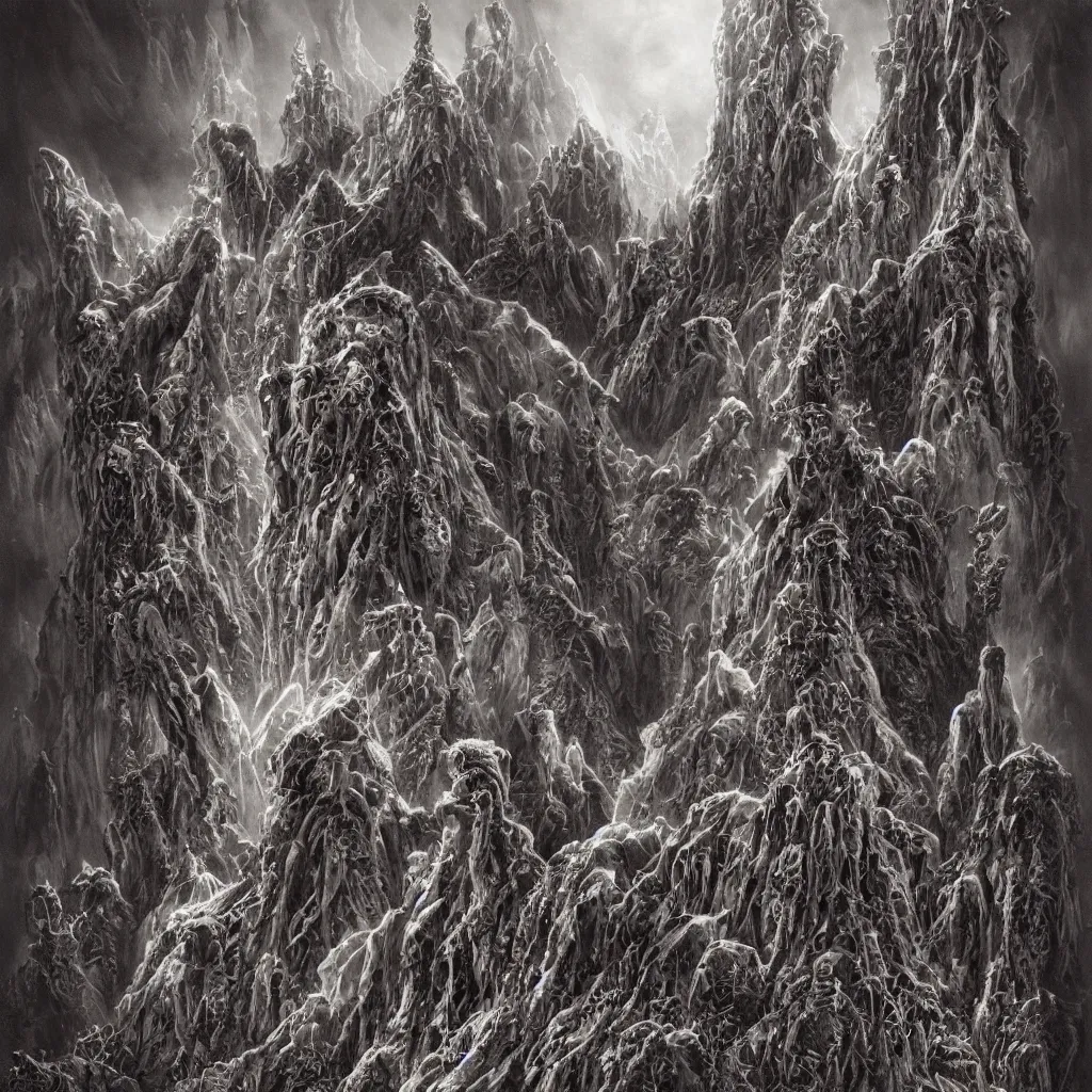 Prompt: dark alien castles, grotesque symmetrical towers and demonic tentacle dragon altars in the mountains of antarctica, upward cinematic angle, by rodney matthews, michael kaluta, stephen gammell and bill sienkiewicz, fantasy art, intense atmosphere, striking composition, ghost faces, monster statues, intricate, strange, ornate, digital art, hyperdetailed, colorful hyperrealism, blue and violet and snowy white color scheme, photorealism, 8k