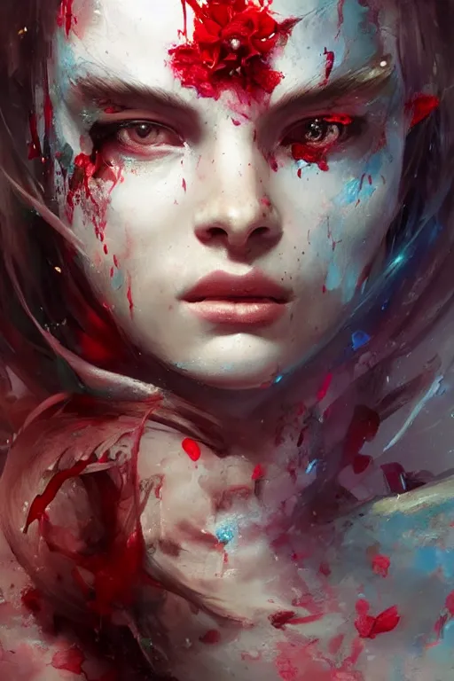 Prompt: abstract face closeup of beautiful girl predator covered with blood, 3 d render, hyper realistic detailed portrait, holding magic flowers, ruan jia, wlop. scifi, fantasy, hyper detailed, octane render, concept art, by peter mohrbacher, by wlop, by ruan jia