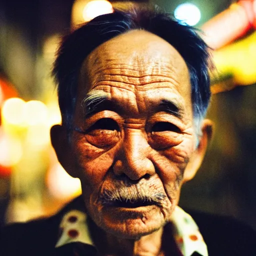 Prompt: close up, old man in tokyo at night, wearing gold chain, gold rings, cinestill 8 0 0,