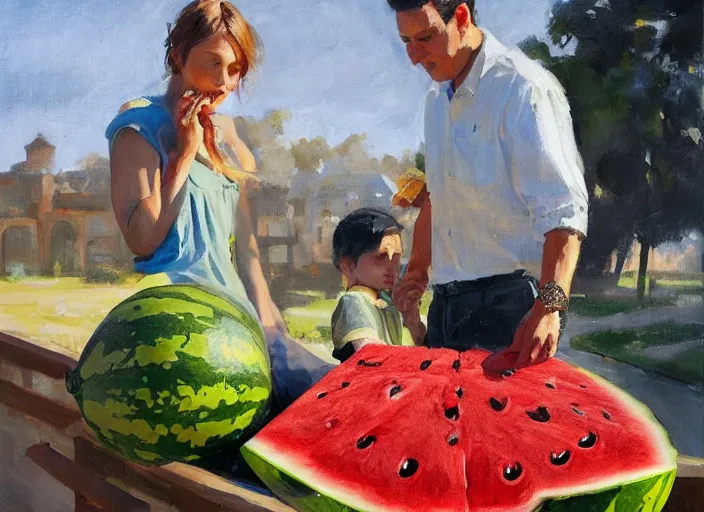 Image similar to a highly detailed beautiful portrait of a big cute spider purchasing a large watermelon, by gregory manchess, james gurney, james jean