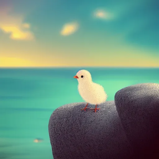 Prompt: ilustration a cute little bird perched on a rock watching the ocean and the waves with their foam, the sky with fluffy clouds and makes a warm light, sharp focus, highly detailed, artstation