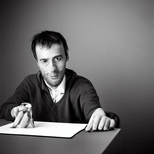 Prompt: portrait of a 3 0 years old frenchman in 2 0 2 0 seated at a table. award winning photography, 5 0 mm, studio lighting, black and white, contrasted.