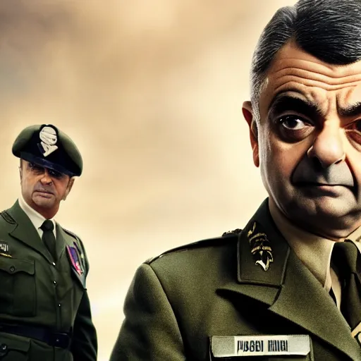 Image similar to rowan atkinson as epic war hero, movie poster, 8 k hd,