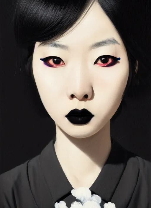 Image similar to portrait of a japanese woman with a crooked nose and a confident expression, 1 9 6 0 s, black clothes, goth, punk, brightly coloured hair, funk, intricate, elegant, highly detailed, digital painting, artstation, concept art, smooth, sharp focus, illustration, art by wlop, mars ravelo and greg rutkowski