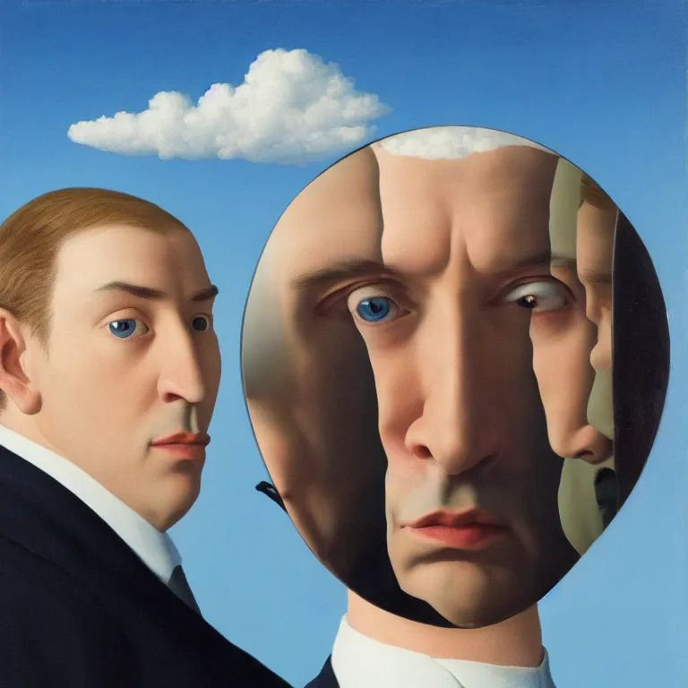 Image similar to portrait of a faceless mirror - head man in a suit, clouds in the background, by rene magritte, detailed painting, distance, middle centered, hd, hq, high resolution, high detail, 4 k, 8 k