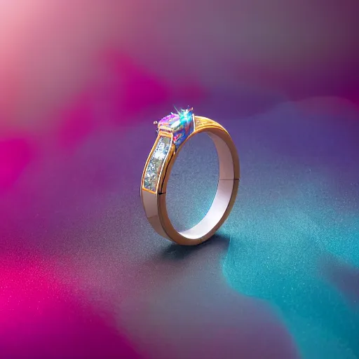 Prompt: A magical ring made of crystal, 3mm thick, worn on a human finger. A pink and blue tornado rages in the crystal interior. 4K 85mm, f/8, studio lighting, jewellery photo
