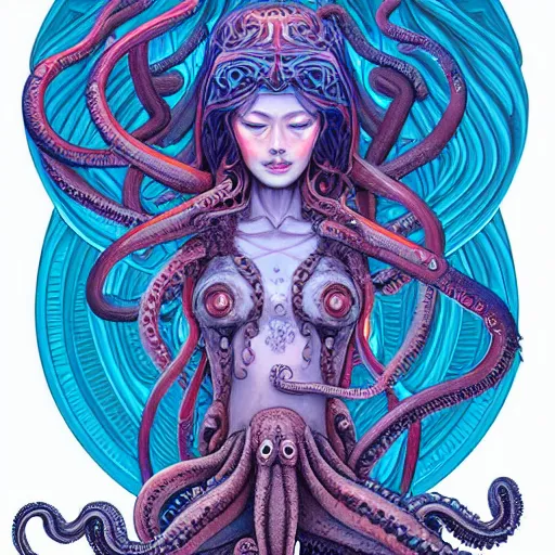 Image similar to alien goddess with body of octopus, extremely detailed, sharp focus, wide view, full body shot, smooth, digital illustration, by james jean, by rossdraws, frank franzzeta, sakimichan