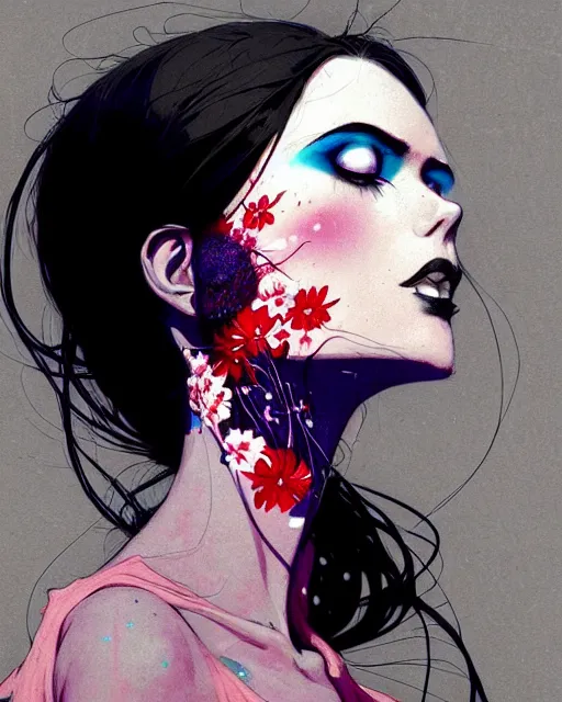 Image similar to close up, captivating, memorable, a ultradetailed beautiful photo of a unique woman wearing a hippy goth outfit standing too too too close, side view, bloom lighting staring at you by conrad roset, greg rutkowski and makoto shinkai trending on artstation