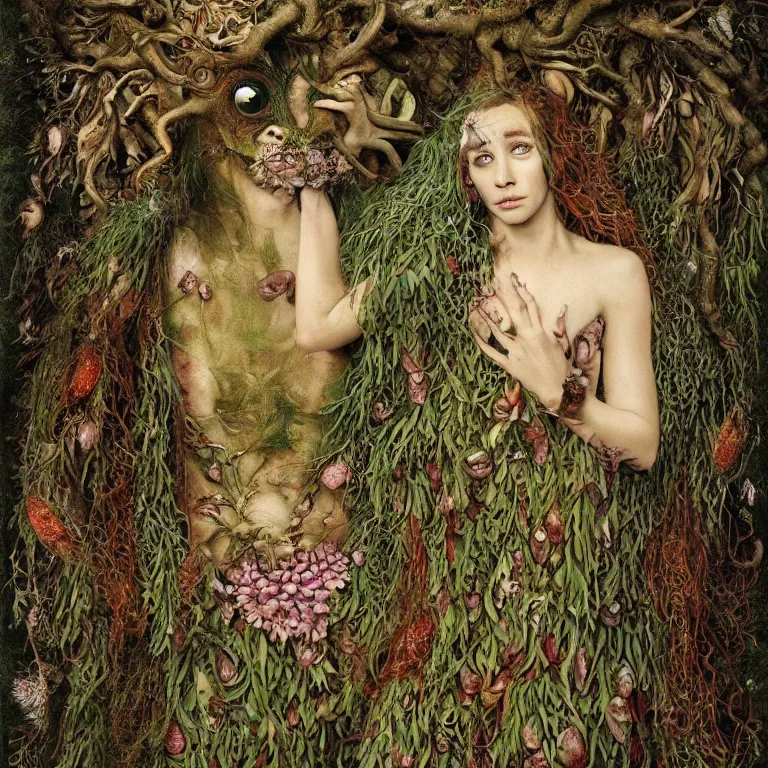 Prompt: a fish eye lense photograph of a grinning druid dryad with goat pupils transforming herself into a mad beast. her skin is covered in scales and feathers. flowers surround her body and trees tower around her. painted by jan van eyck, max ernst and ernst haeckel, trending on artstation, 8 k, award winning, hard lighting, fashion editorial