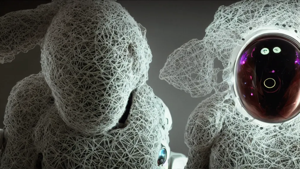 Image similar to a cybernetic symbiosis of a single astronaut eva suit made of wearing knitted yarn thread infected with diamond 3d fractal lace iridescent bubble 3d skin covered with insectoid compound eye camera lenses floats through the living room, film still from the movie directed by Denis Villeneuve with art direction by Salvador Dalí, wide lens,