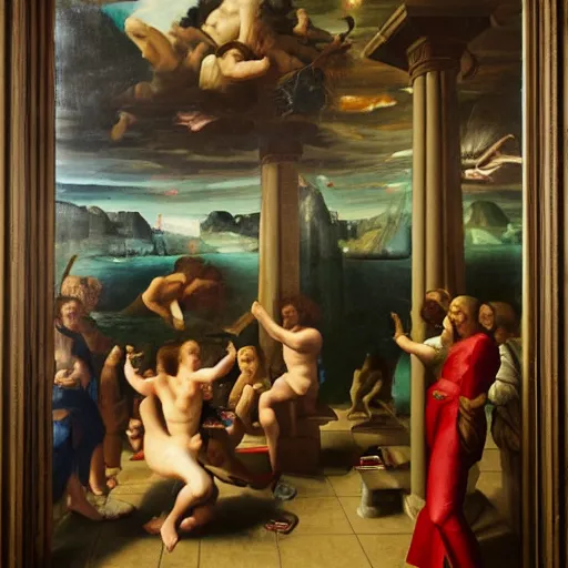 Prompt: in a futuristic bathroom, renaissance painting