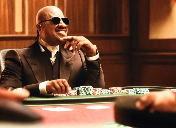 Prompt: film still of Stevie Wonder playing Poker in the new CASINO ROYAL movie, 8k