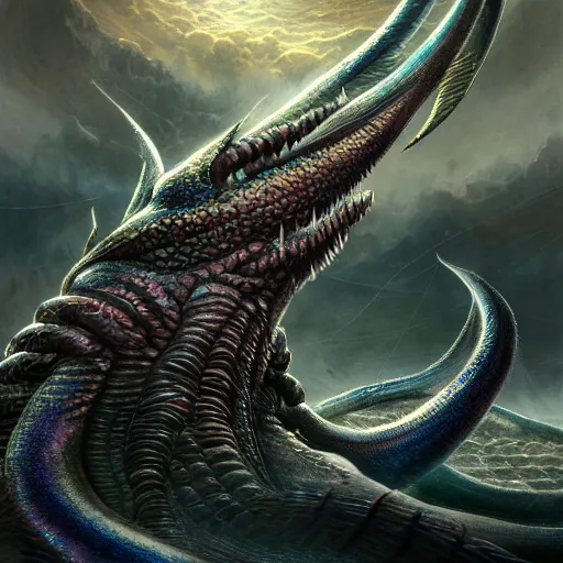 Image similar to jormungandr eating the world, iridescent, beautiful, technological, galactic, hyper-detailed, mega-detailed, realistic, cinematic, octane render, concept art, dark, cosmic, ominous, dramatic, lovecraftian, symmetric, swords, colorful and dark