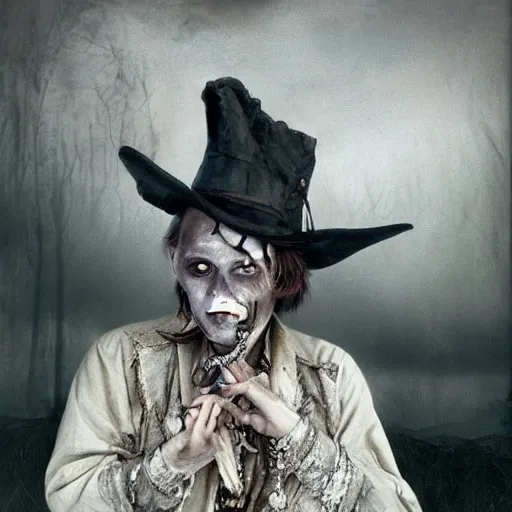 Prompt: portrait of mischievous, dangerous old Johnny Depp, smiling as a queen of fairies, dressed in a worn out silver dress. The background is a dark, creepy Middle eastern desert. night, horroristic shadows, high contrasts, lumnious, foggy effect, photorealistic, dreamlike, mist filters, theatrical, oil canvas art by Henry Meynell Rheam and Cesare Saccaggi