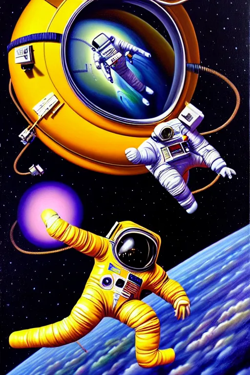 Prompt: a hyperrealistic painting of an astronaut being pulled into the vacuum of space. cinematic horror by jimmy alonzo, the art of skinner, chris cunningham, lisa frank, richard corben, highly detailed, vivid color,