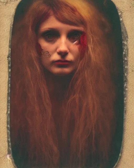 Prompt: an instant photo of a beautiful but sinister ghost in layers of fear, with haunted eyes and wild blonde hair, 1 9 7 0 s, seventies, woodlands, delicate embellishments, a little blood, crimson, painterly, offset printing technique, mary jane ansell