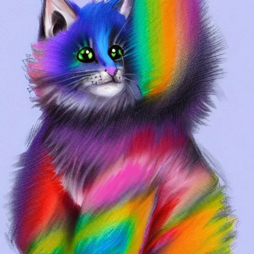 Image similar to wide angle full body, of a fluffy cute rainbow kitten wearing a black motorcycle jacket, concept art