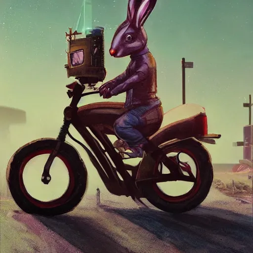 Prompt: bunny wearing a leather jacket riding a motorbike by simon - stalenhag!!!, ultra detailed, 8 k resolution, rule of thirds, dynamic pose, action pose, beautiful landscape