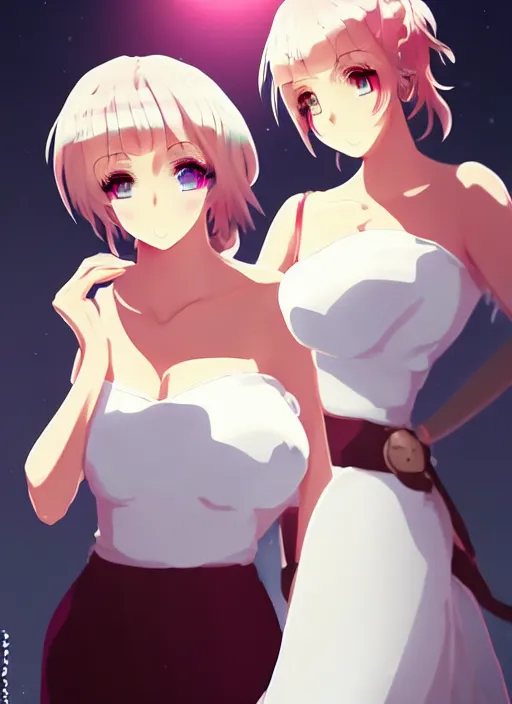 Prompt: two beautiful mothers outside in the evening, white dresses, gorgeous faces, thick lines, cinematic lighting, detailed anime art
