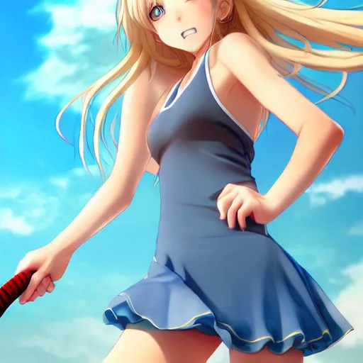Image similar to a very beautiful young anime tennis girl, full body, head, long wavy blond hair, sky blue eyes, full round face, short smile, bikini, miniskirt, front view, mid - shot, highly detailed, cinematic wallpaper by stanley artgerm lau