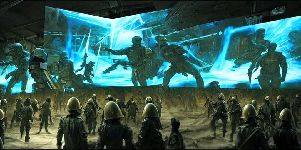 Prompt: 3 d projection of 4 d detailed battle scene of sci - fi prompt engineers with neural interfaces fighting versus cyber artists with tablets still from biblical movie by denis villeneuve and mort kunstler and norman rockwell. volumetric dramatic cyan gold light