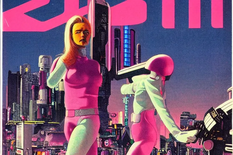 Image similar to 1979 OMNI Magazine Cover of android with shiny Chrome face with Pink hair. neo-Tokyo streets behind her. in cyberpunk style by Vincent Di Fate