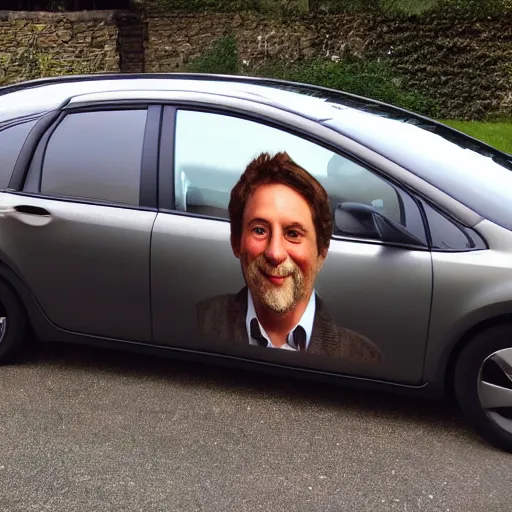 Prompt: the face of david coperfiel on a car body