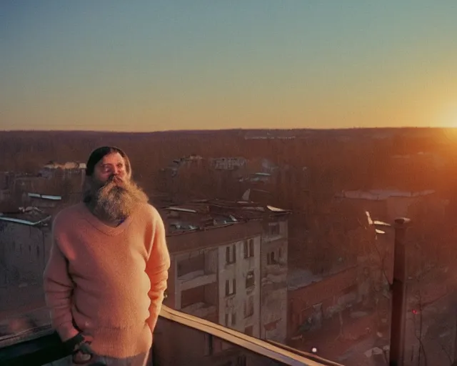 Image similar to lomo photo of 4 0 years russian man with beard and sweater standing on small hrushevka 9 th floor balcony full with cigarette smoke in small russian town looking at sunset, cinestill, bokeh