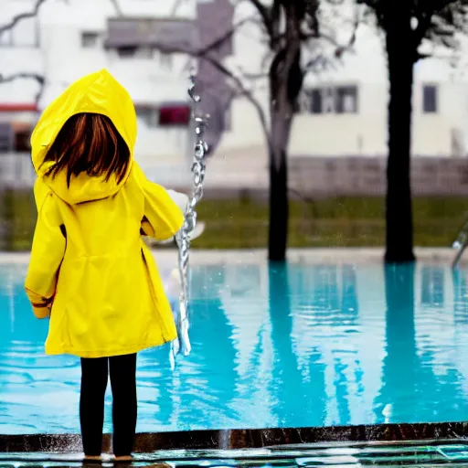 Prompt: a close-up photograph of a pool of water with a reflection of a girl in a yellow raincoat