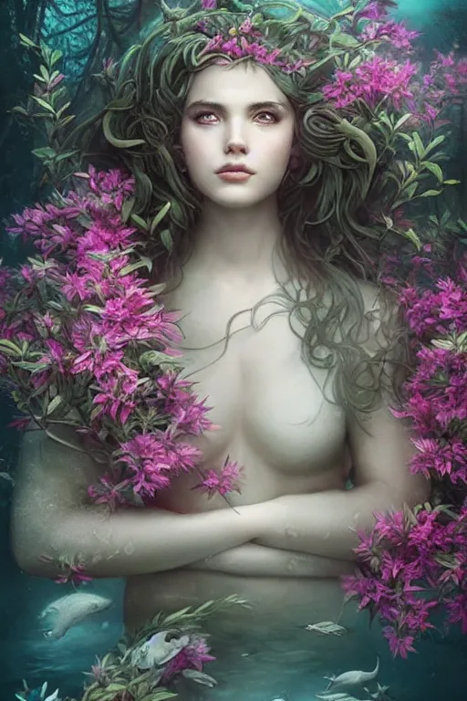 Image similar to a goddess of azaleas!! standing in a windy underwater garden! with a beautiful symmetrical face!!! cinematic lightning, murky dusty deep, smoky eyes, isolated, studio lighting by artgerm and tom bagshaw