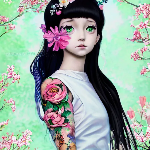 Image similar to tattooed little girl with flowers in hair wearing an white dress. art by ilya kuvshinov, profile picture, inspired in hirohiko araki, highly detailed, 8 0 s anime art style, realistic, vogue cover