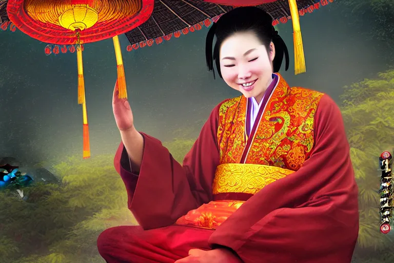 Prompt: vietnamese smiling sitting priestess, professional award - winning photo mystical chinese temple night, tea vapors, detailed soft digital fantasy art